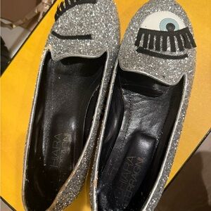 Chiara Ferragni Glittery Silver Eye Loafers